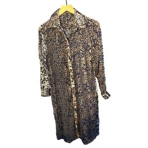 Mechant Sheer Floral Velvet Burnout Duster Shirt Dress Navy Blue Womens Size M